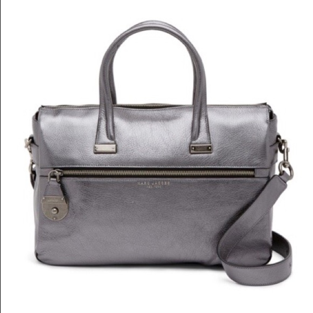 marc jacobs medium east/west leather tote silver